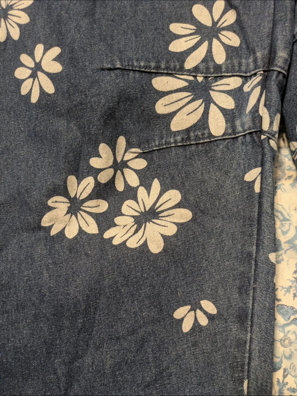 Women's Blue Floral Denim Bib Overalls - Barrel Leg - Picture 5 of 8
